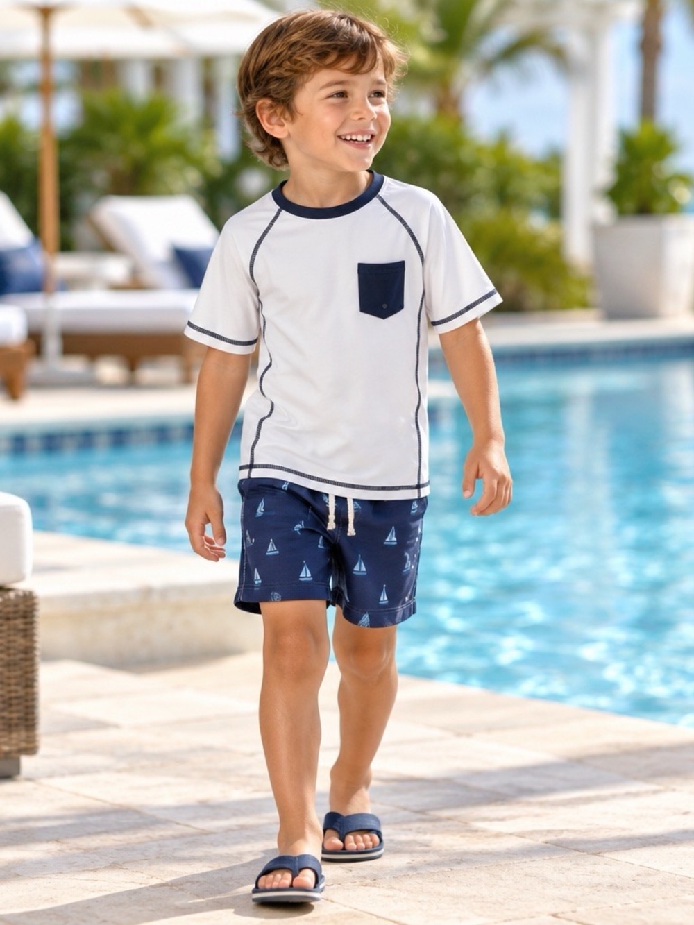 Janie and Jack White Rashguard with Navy Trim and Pocket Boys Size 6 NWT
